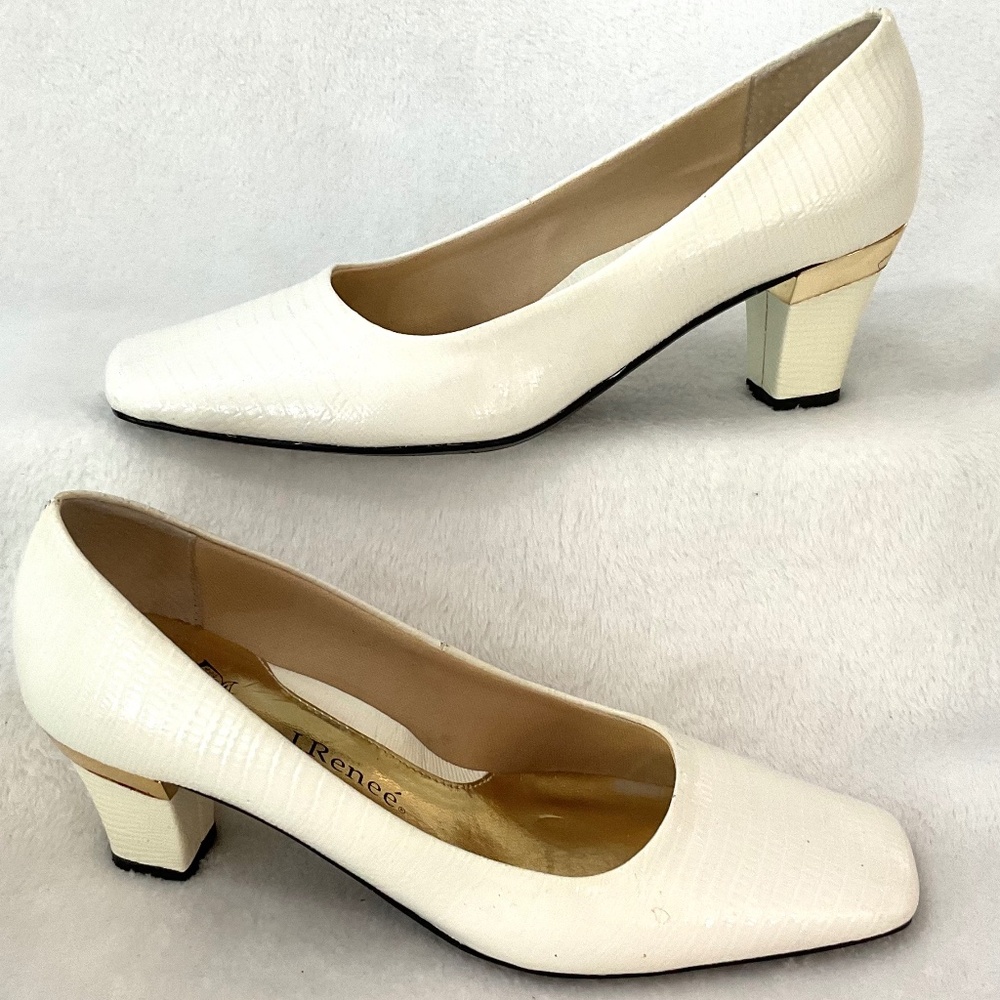 Love J. Renee White “Mary” faux leather Lizard Print  Square Toe pumps  Sz 6.5M - Picture 2 of 16